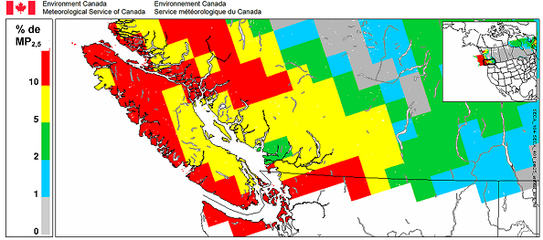 Figure 10.3 Réduction prévue des niveaux annuels moyens de MP2,5 dans l’air ambiant dans le Georgia Basin pour 2020 grâce à la mise en œuvre de la zone de contrôle des émissions par rapport au scénario de référence (adapté de OMI, 2009). (Voir la description ci-dessous)