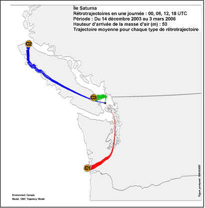 Figure 11.3 Rétrotrajectoires à méso-échelle en une journée regroupées pour l’O&lt;sub&gt;3&lt;/sub&gt; au site RCEPA sur l’île Saturna (décembre 2003 à mars 2005). (Brook et al., 2011) (Voir la description ci-dessous)