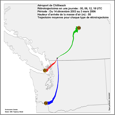 Figure 11.4 Rétrotrajectoires à més-oéchelle en une journée regroupées pour l’O&lt;sub&gt;3&lt;/sub&gt; à l’aéroport de Chilliwack (décembre 2003 à mars 2005). (Brook et al., 2011) (Voir la description ci-dessous)