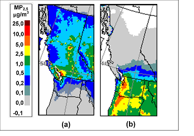 Figure 11.8 Carte du modèle CHRONOS représentant (a) l’influence maximale des émissions canadiennes sur les niveaux ambiants de MP2,5 aux États-Unis et (b) l’influence maximale des émissions américaines sur les niveaux ambiants de MP2,5 au Canada pour l’été 2004 (exprimée en tant que sensibilité relative des niveaux de MP2,5 en μg/m3) (adapté de Bouchet et al., 2011). (Voir la description ci-dessous)