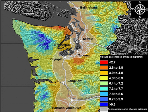 Figure 12.11 Carte des charges critiques d’azote fondées sur les communautés de lichens dans l’ouest de l’Oregon et de Washington. L’ombragé blanc indique les dépassements de 1994 à 2002 (de Geiser et al., 2010). (Voir la description ci-dessous)