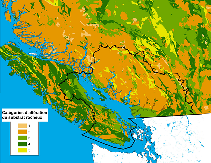 Figure 12.2 Carte du sud-ouest de la Colombie-Britannique présentant le potentiel d’altération du substrat rocheux allant du pouvoir tampon faible (catégorie 1) au pouvoir tampon extrêmement élevé (catégorie 5). Assemblée par Beverley Raymond, Environnement Canada, selon la classification du substrat rocheux de Nanus et al. (2009) et la géologie de base du substrat rocheux du ministère des Mines et des Ressources pétrolières de la Colombie­Britannique. (Voir la description ci-dessous)