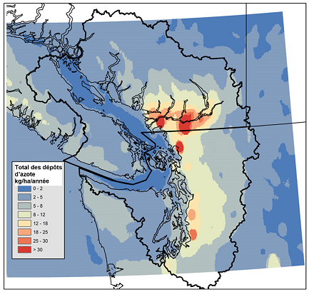 Figure 12.4 Total des dépôts annuels modélisés d’azote dans le bassin de Georgia/Puget Sound pour une résolution de la grille de 4 km sur 4 km, à l’aide d’un inventaire des émissions atmosphériques de 2000. Carte produite en utilisant les données du modèle CMAQ provenant de l’Université de la Colombie-Britannique (2007). (Voir la description ci-dessous)