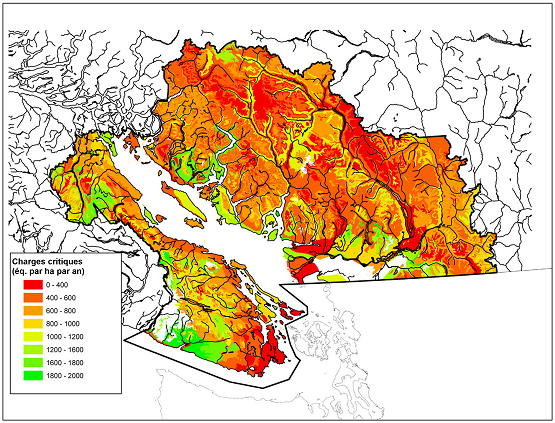 Figure 12.9 Charges critiques d’acidité des sols (éq. par an) dans le bassin de Georgia fondées sur un critère de zéro perte de cations basiques (Nasr et al., 2010). (Voir la description ci-dessous)