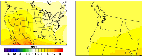 Figure 13.10 Change in summertime daily maximum 8 hr ozone levels for the A1B cumulative effects minus the current decade base case (A1B_Base - CD_Base). The right side of the figure is a zoomed image of the Pacific Northwest.