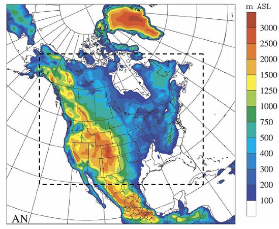 Figure 13.13 Grilles utilisées pour le modèle climatique régional canadien (à l’intérieur du carré pointillé) et pour la combinaison du modèle AURAMS et du modèle climatique régional canadien. L’étendue topographique du modèle climatique régional canadien est également illustrée. (Voir la description ci-dessous)