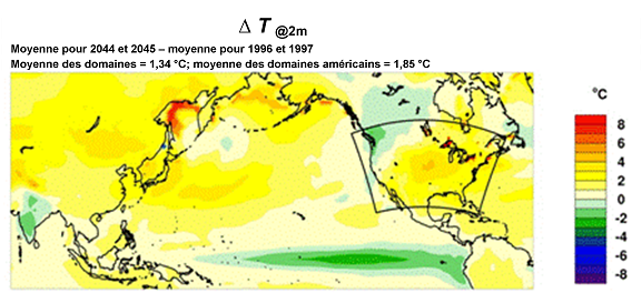 Figure 13.4 Prévision sur 50 ans des changements de température de surface estivaux dans les domaines hémisphériques partiels - simulations du modèle de recherche en prévisions météorologiques et du modèle CMAQ. (Voir la description ci-dessous)