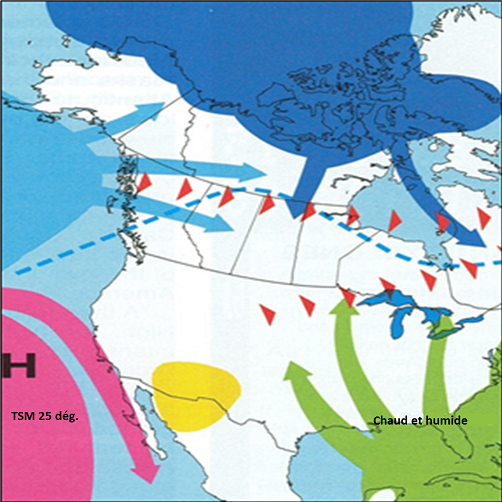Figure 3.2 Masses d’air l’été et circulation au-dessus de l’Amérique du Nord (Phillips, 1990). (Voir la description ci-dessous)