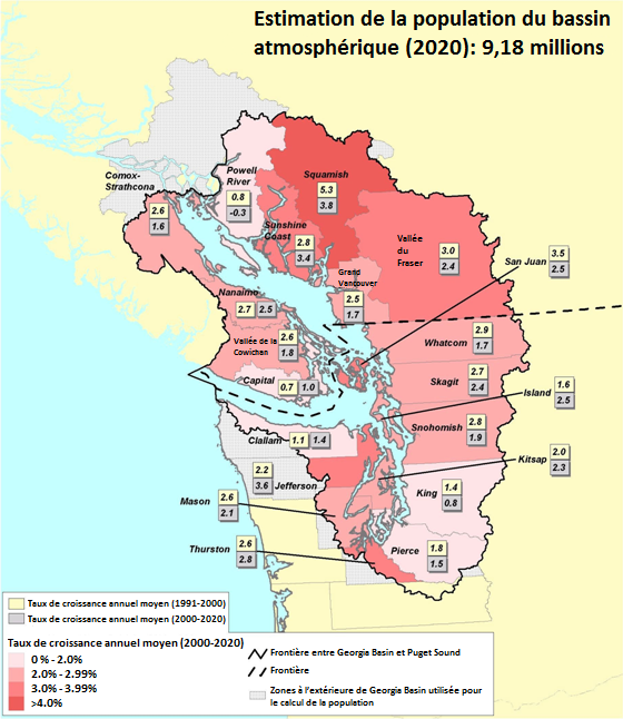 Figure 4.2 Taux moyens de la croissance annuelle de la population par district régional et comté, 1991 à 2000 (avec des taux numériques pour 1991 à 2000 et 2000 à 2020). (Groupe de travail sur les indicateurs environnementaux transfrontaliers de la région de Georgia Basin/Puget Sound, 2002) (Voir la description ci-dessous)