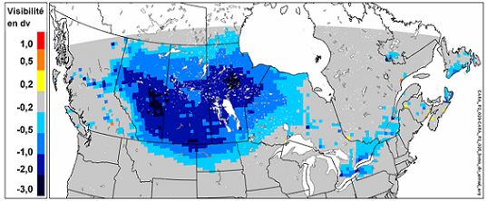 Figure 9.12 Différences modélisées par AURAMS de la visibilité moyenne annuelle entre le scénario relatif au Programme de réglementation de la qualité de l’air de 2015 et le scénario de maintien du statu quo de 2015. Source : Environnement Canada, 2011. (Voir la description ci-dessous)