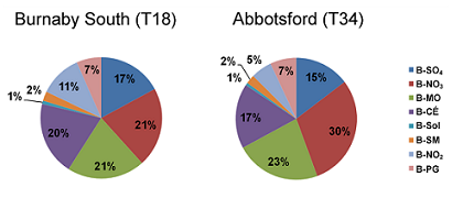 Figure 9.7 Contributions annuelles à l’extinction reconstituée totale par espèce particulaire et gazeuse au sud de Burnaby et à Abbotsford, 2003-2010. (Voir la description ci-dessous)