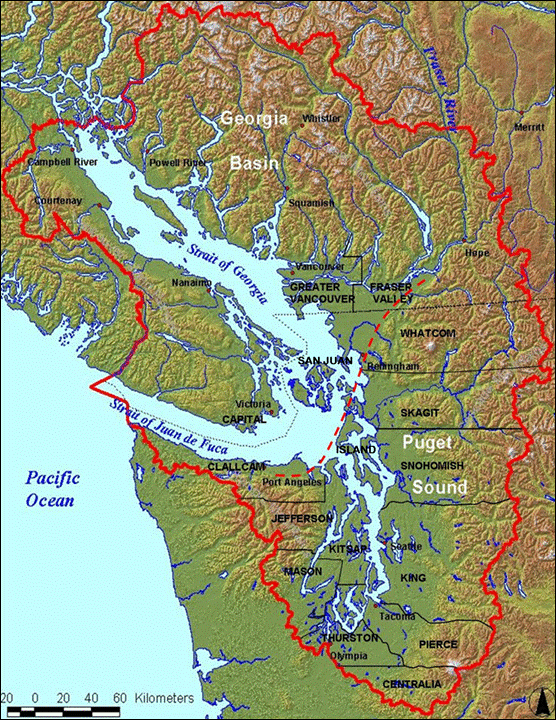 Figure 1.1 The Georgia Basin/Puget Sound airshed, delineating the Puget Sound and Georgia Basin airsheds.