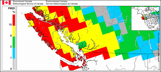 Figure 10.3. Projected Reduction in Levels of Mean Annual Ambient PM2.5 in the Georgia Basin for 2020 from implementation of the ECA Compared to Base Case (Adapted from IMO, 2009). (See long description below)