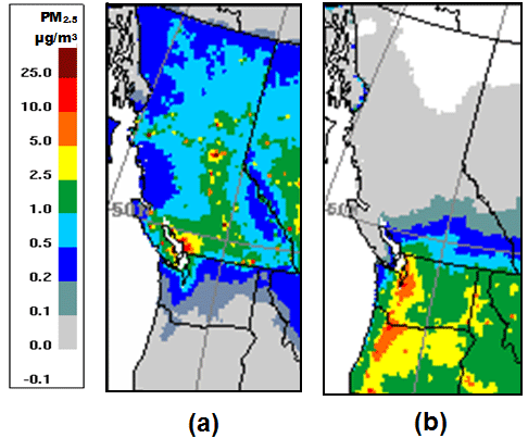Figure 11.8 CHRONOS map of (a) the maximum influence of Canadian emissions on ambient PM2.5 levels in the U.S. and (b) the maximum influence of U.S. emissions on ambient PM2.5 levels in Canada for summer 2004 (expressed as relative sensitivity of PM2.5 levels in μg/m3) (Adapted from Bouchet et al., 2011)