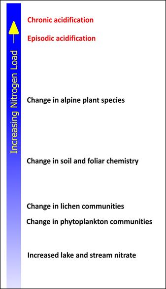 Figure 12.1. Continuum of effects of chronic excess nitrogen deposition to alpine regions. After Porter and Johnson (2007). (See long description below)