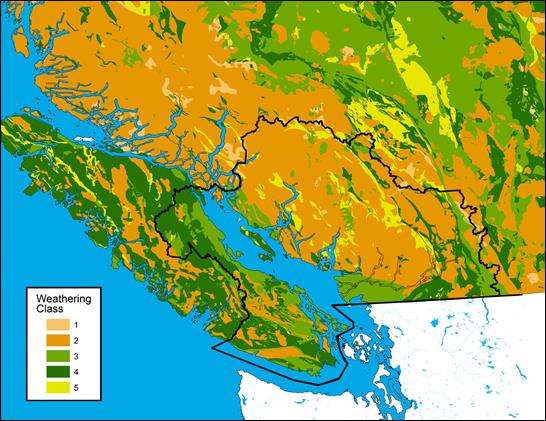 Figure 12.2. Map of southwestern BC showing bedrock weathering potential ranging from low buffering capacity (Class 1) to extremely high buffering capacity (Class 5). Assembled by Beverley Raymond, Environment Canada, based on the bedrock classification from Nanus et al. (2009) and basic bedrock geology from the BC Ministry of Mines and Petroleum Resources. (See long description below)
