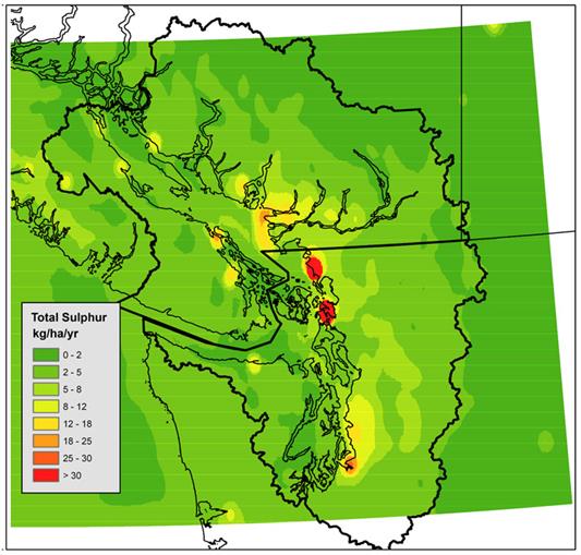 Figure 12.3 Modelled annual total sulphur deposition over the Georgia Basin/Puget Sound a 4 km by 4km grid resolution using a 2000 air emissions inventory. Map generated with CMAQ data from UBC (2007). (See long description below)