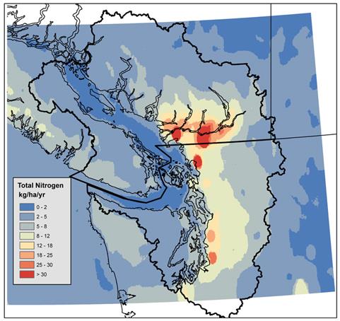 Figure 12.4. Modelled annual total nitrogen deposition over the Georgia Basin/Puget Sound for on a 4 km by 4km grid resolution using a 2000 air emissions inventory. Map generated with CMAQ data from UBC (2007). (See long description below)