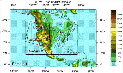 Figure 13.3 Downscaling domains used for WRF regional simulations including 108 km, 36 km, and 12 km grid scale domains. A separate 15 km domain used for some model runs driven with the HadRM is also shown. (See long description below)