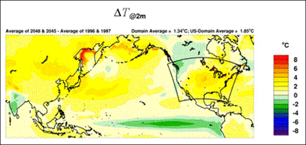 Figure 13.4 50 year projection of summertime surface temperature change over the partial hemispheric domains for WRF & CMAQ simulations. (See long description below)