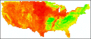 Figure 13.5 Isoprene emission factor (EF) distribution for present (left) and future (right) biogenic isoprene emission scenarios. (See long description below)