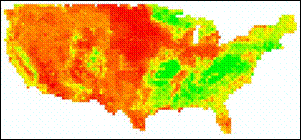 Figure 13.5 Isoprene emission factor (EF) distribution for present (left) and future (right) biogenic isoprene emission scenarios. (See long description below)