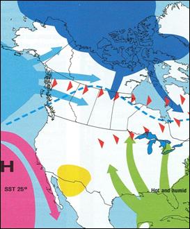 Figure 3.2 Summer air masses and circulation over North America (Phillips, 1990) (See long description below)