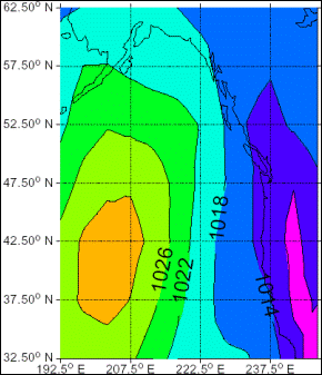 Figure 3.3 Surface pressure (contours in millibars) pattern when ozone concentrations are elevated and PM concentrations are above the regional mean. (See long description below)