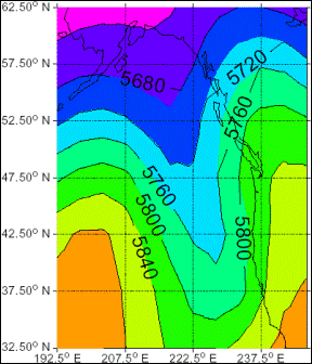 Figure 3.4 Upper height (500 mb pressure contours in metres) pattern when ozone concentrations are elevated and PM concentrations are above the regional mean. (See long description below)