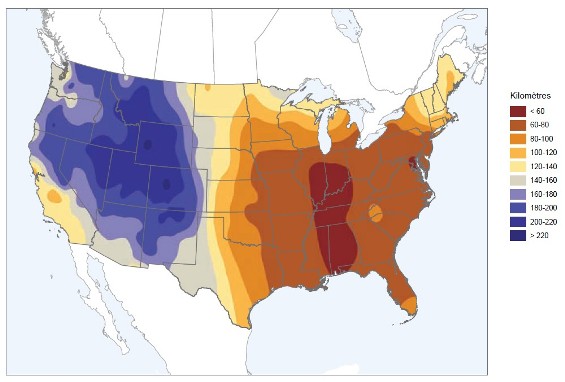 Moyenne de la portée visuelle standard annuelle dans les États contigus des États-Unis, 2006 à 2010