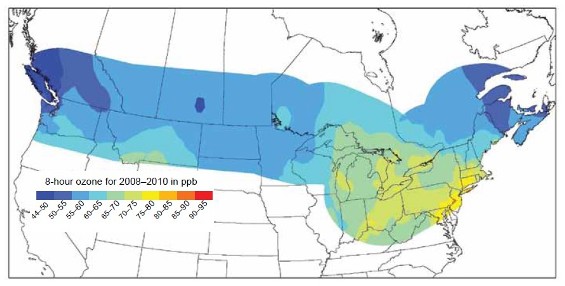 Ozone Concentrations along the United States-Canada Border (Three-Year Average of the Fourth-highest Daily Maximum 8-hour Average) 2008-2010