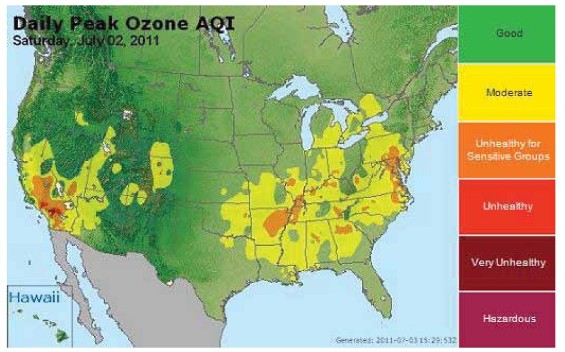 AIRNow Map Illustrating the &lt;abbr&gt;AQI&lt;/abbr&gt; for 8-hour Ozone