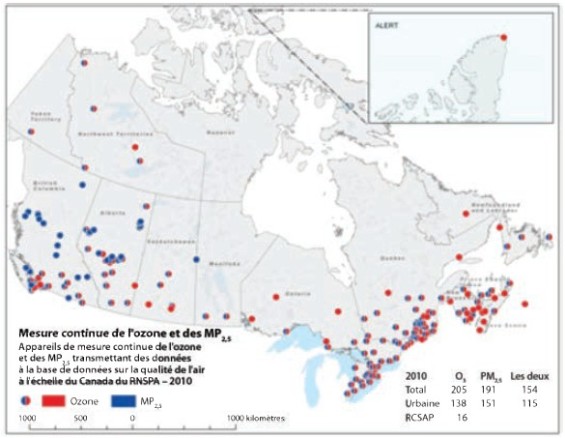 Appareils de mesure continue de l’ozone et des MP2,5 transmettant des données à la base de données sur la qualité de l’air à l’échelle du Canada du Réseau national de surveillance de la pollution atmosphérique, 2010
