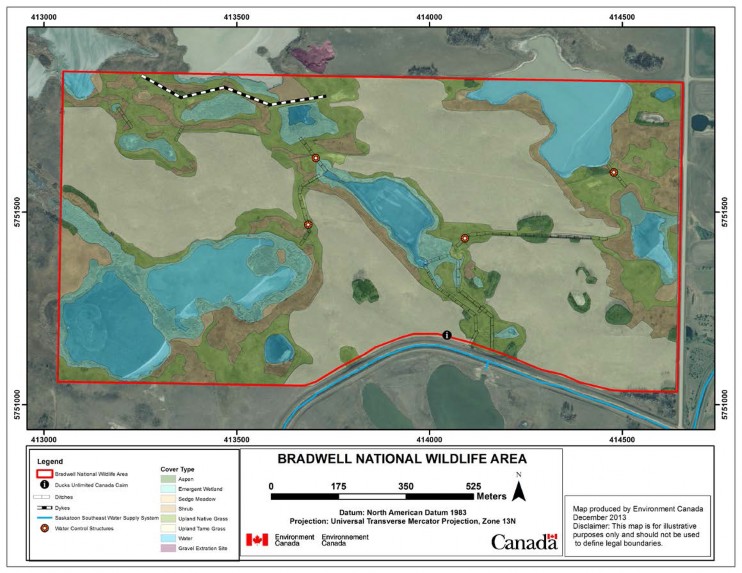 Map of habitat types, water control infrastructure, DUC cairn, and gravel excavation site at Bradwell NWA