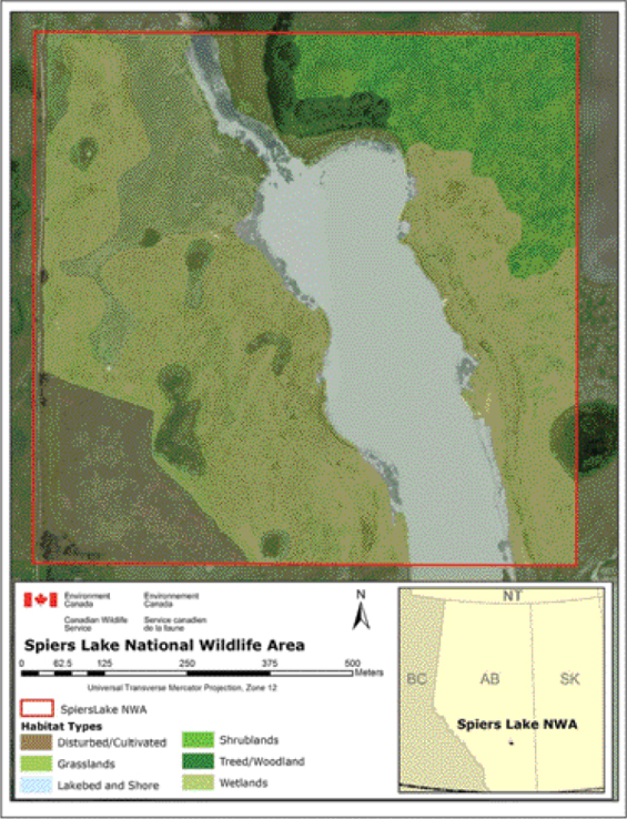 A map of major habitats in the Spiers Lake NWA.