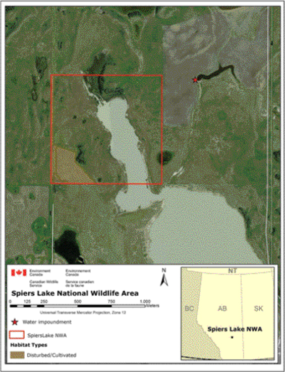 Map showing the area of prior cultivation, and location of adjacent water impoundment in relation to Spiers Lake NWA.