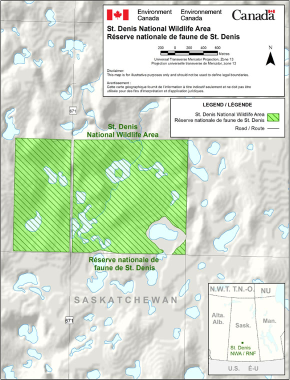 Location map of the St. Denis National Wildlife Area in the province of Saskatchewan. See  long description below.