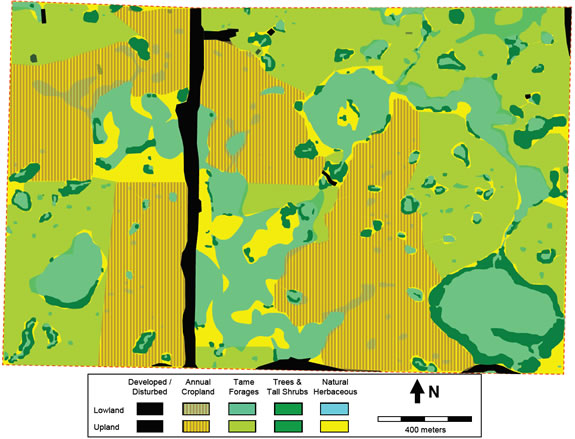 Map of main habitats of upland and lowland. See  long description below.