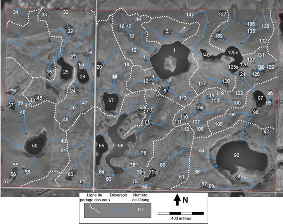 Carte des étangs saisonniers et semi-permanents, déversoirs et principales lignes de partage des eaux.