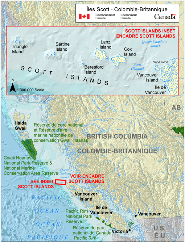 Carte de la Colombie-Britannique ciblant sur les îles Scott et deux réserves de parc national et une réserve d’aire marine nationale de conservation. (voir longue description ci-dessous)