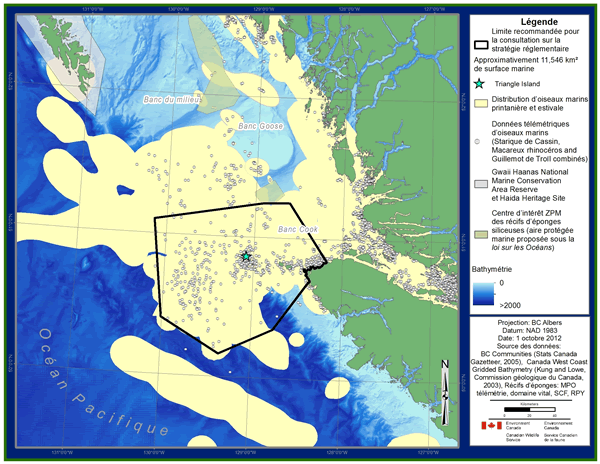 Carte de la côte Pacifique montrant les limites recommandées, avec des données sur les oiseaux, pour la consultation sur stratégie réglementaire. (voir longue description ci-dessous)