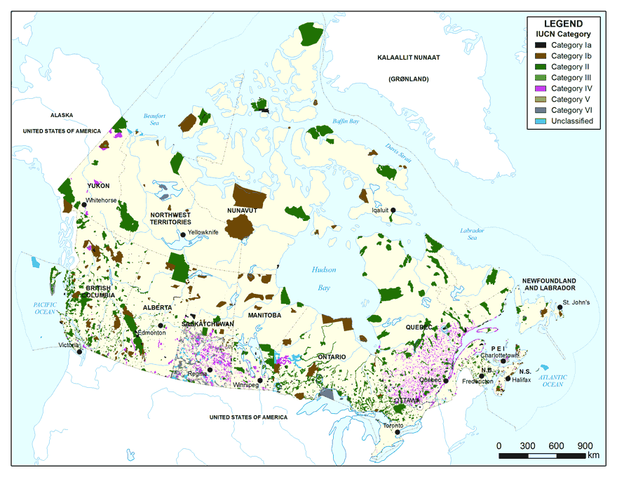 Map of protected areas in Canada by the International Union for the Conservation of Nature category, 2015