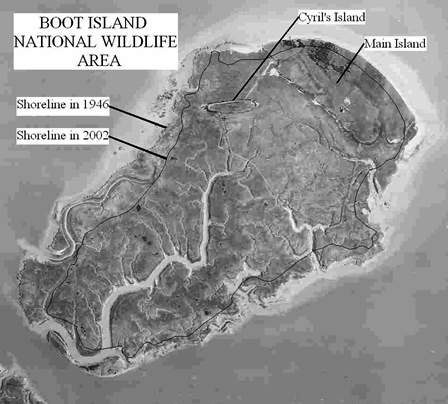 Boot Island National Wildlife Area shoreline erosion from 1946 to 2002.