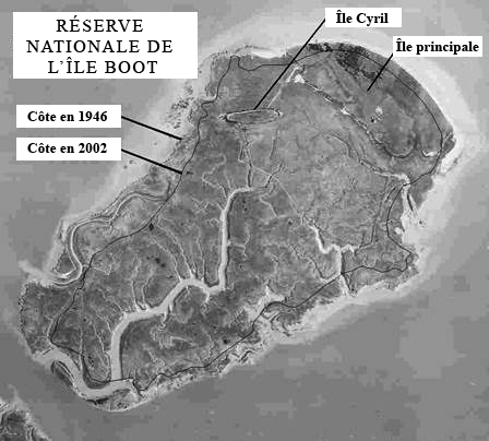 l'Île Boot réserve nationale de faune érosion des berges 1946-2002.