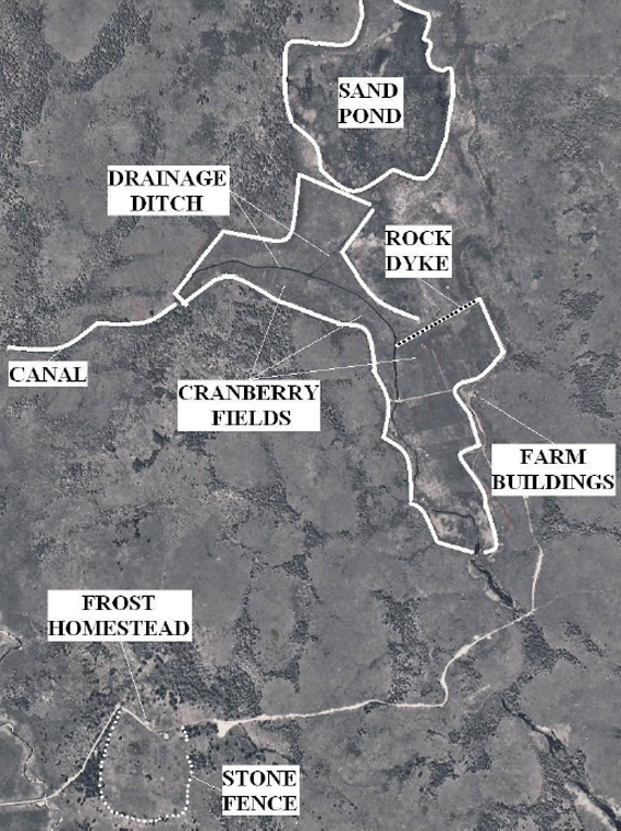 Maximum extent of the cranberry farming operation at Sand Pond, circa 1960.