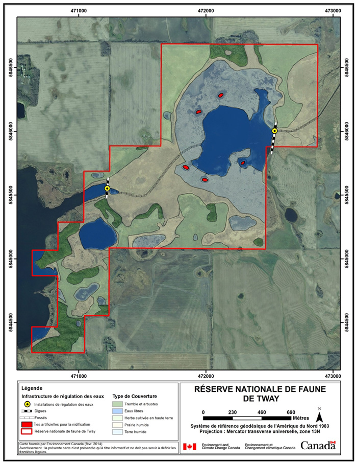 Aerial photo: habitat types and water control at Tway NWA