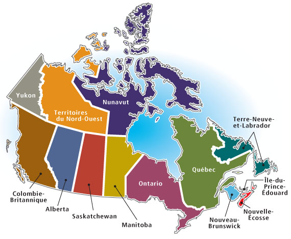 Carte du Canada avec les provinces et les territoires indiqué. 