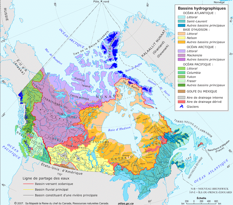 Figure 1 : Aires de drainage au Canada. (Voir description longue ci-dessous)