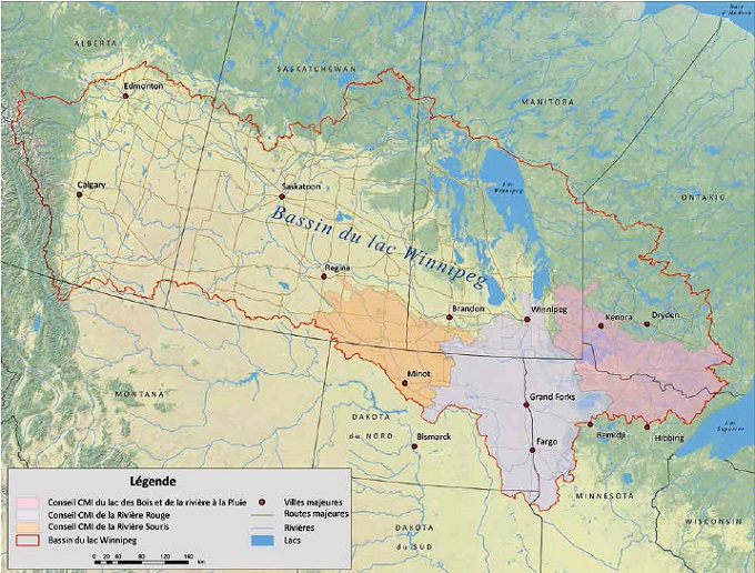 Carte du bassin du lac Winnipeg et des territoires ciblés par les conseils de la Commission mixte internationale qui sont responsables du lac des Bois, de la rivière à la Pluie, de la rivière Rouge et de la rivière Souris.