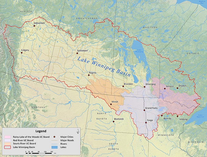 Map of the Lake Winnipeg Basin and the areas covered by the Rainy-Lake of the Woods, Red River and Souris River International Joint Commission Boards 